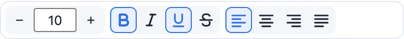 The format bar: letter size with minus and plus, bold, italic, underline, strike-through and four alignment buttons