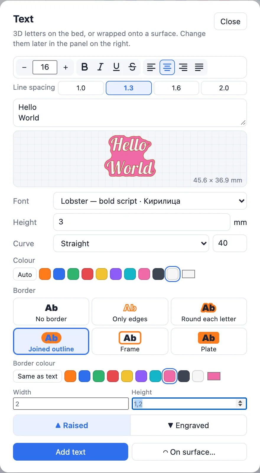 The Text dialog with white Hello World letters in Lobster on a pink joined outline, its border colour and width