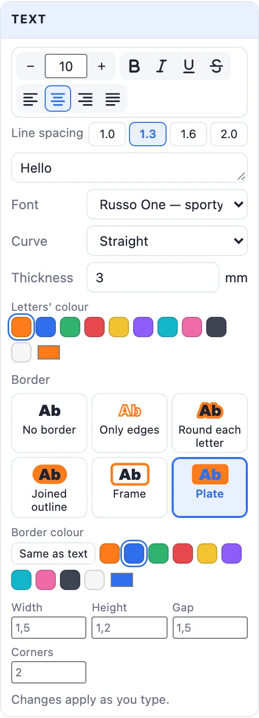 The Text card of a text body: format bar, line spacing, the text, font, curve, thickness, letters' colour, border style, border colour, width, height, gap and corners
