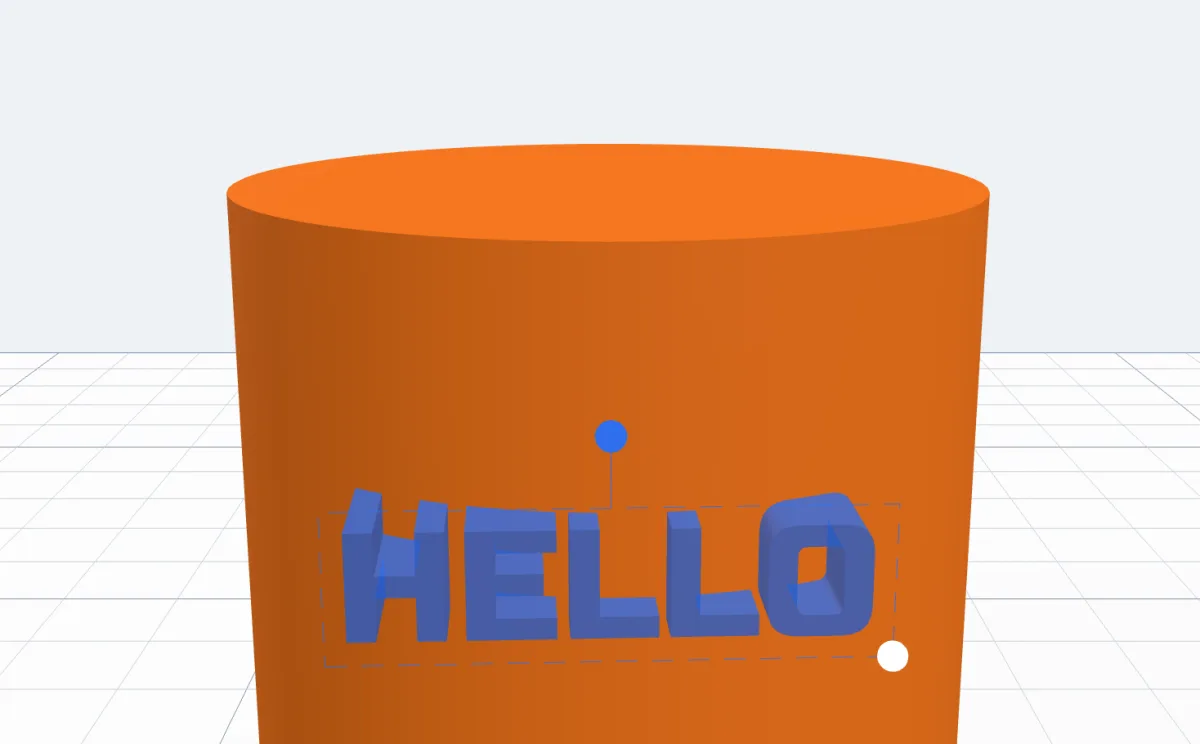 Flat blue HELLO letters on the round side of the cylinder, their sides reaching down to it