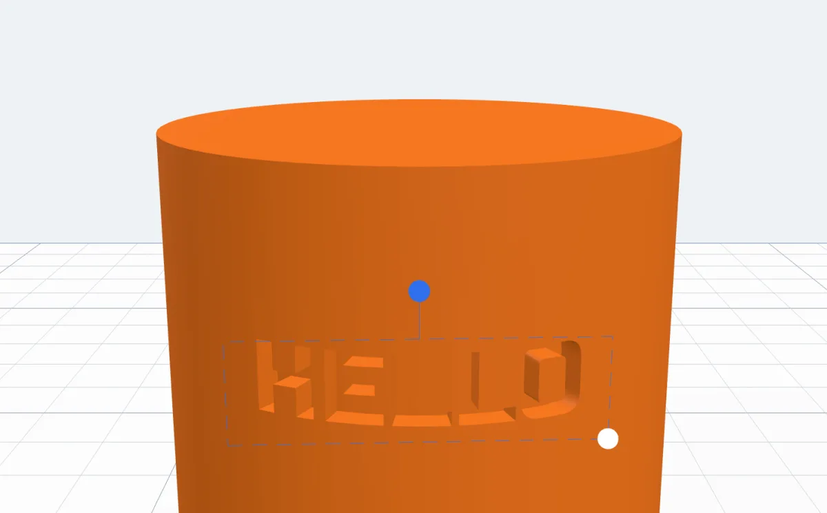 The cylinder with HELLO cut into it, previewed