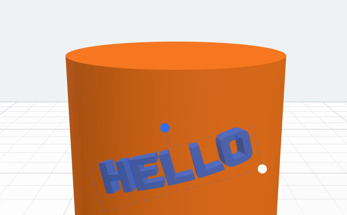 HELLO on the cylinder turned 15 degrees, with the blue knob and the white size dot
