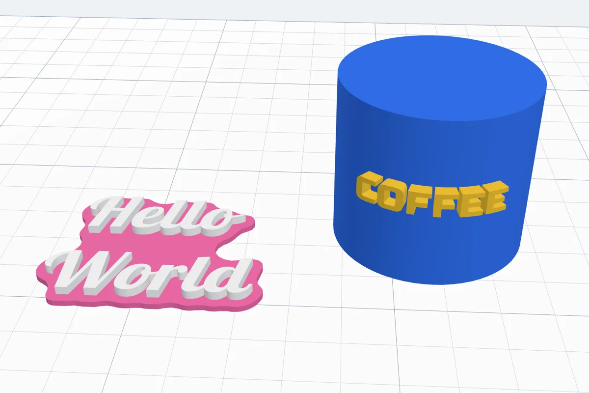 White Hello World letters in a script font on a pink joined outline, and the word COFFEE in yellow bent round a blue cylinder