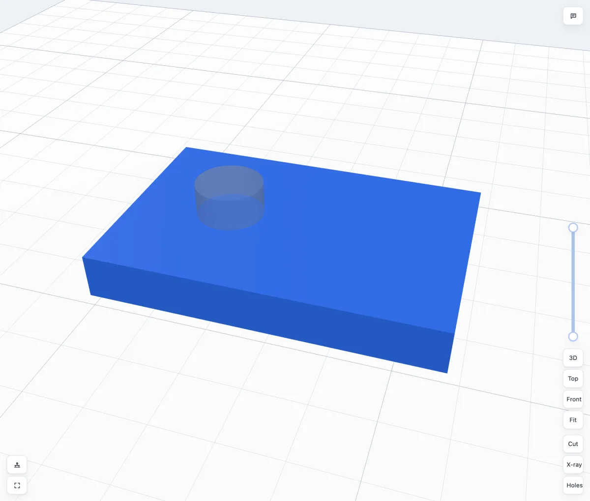 A blue plate with a grey see-through cylinder hole in it