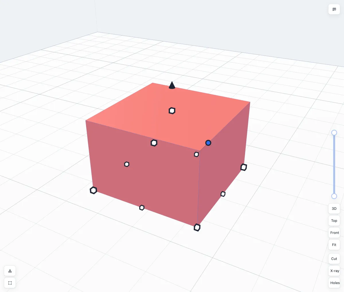 A selected box with its resize handles, the dark lift cone above it and the blue rotate ball