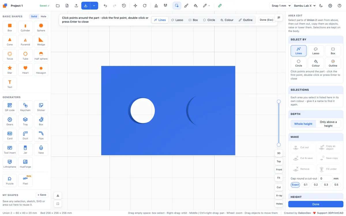 Area edit: the plate from above with Lines, Lasso, Box, Circle, Colour and Outline selection tools