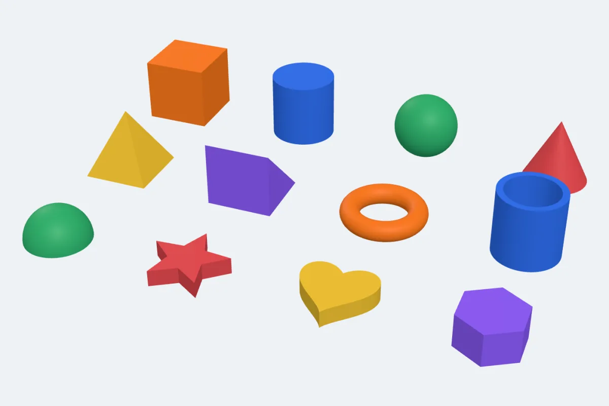 The twelve basic shapes of 3DPrintCAD in six colours