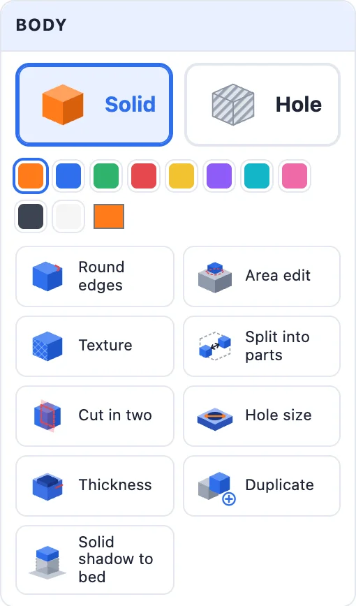 The Body card: Solid and Hole, the colour swatches and the tool tiles
