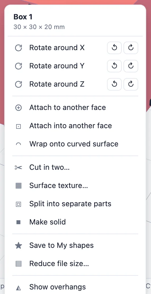 The right-click body menu with rotate, attach, wrap, cut, texture, split, make solid, save, reduce and overhangs