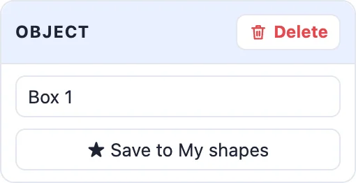 The Object card: Delete, the name field and Save to My shapes