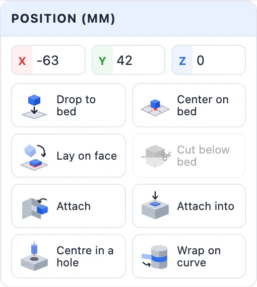 The Position card: X, Y, Z and the Drop to bed, Center on bed, Lay on face, Cut below bed, Attach, Attach into, Centre in a hole and Wrap on curve tiles