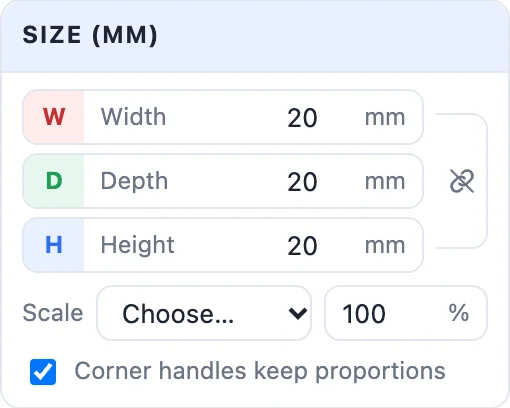 The Size card: width, depth and height, the proportion lock, scale and the corner handle option