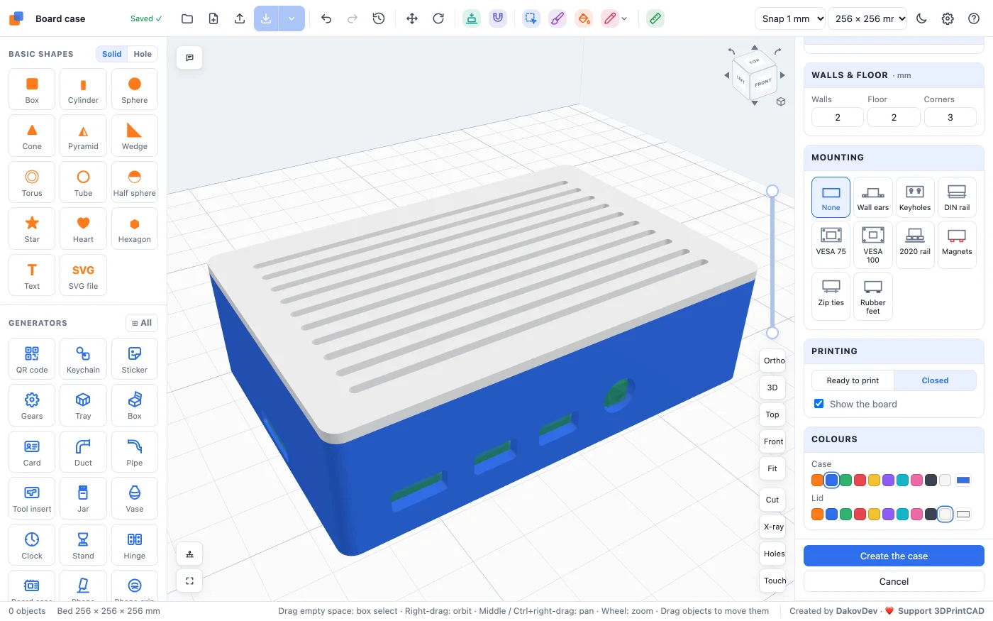 The Board case generator open: a blue Raspberry Pi 4 case with a white slotted lid, the panel on the right