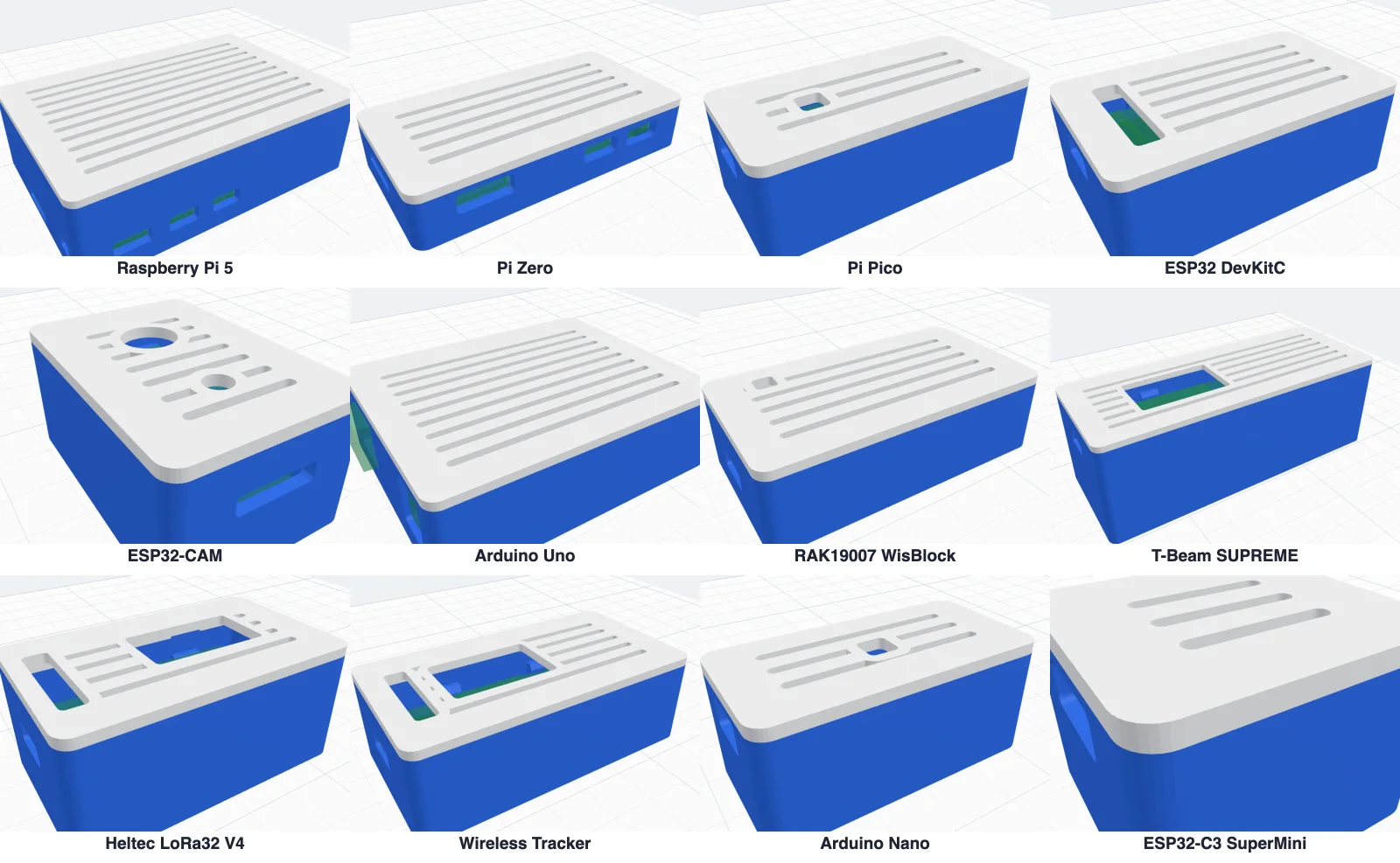 Twelve cases side by side: Raspberry Pi 5, Pi Zero, Pi Pico, ESP32 DevKitC, ESP32-CAM, Arduino Uno, RAK19007, T-Beam SUPREME, Heltec LoRa32 V4, Wireless Tracker, Arduino Nano and ESP32-C3 SuperMini