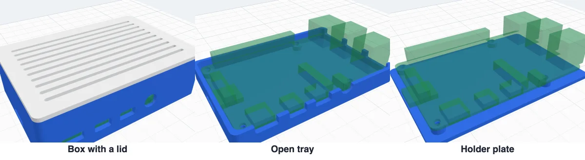 A closed box, an open tray and a flat holder plate for the same Raspberry Pi