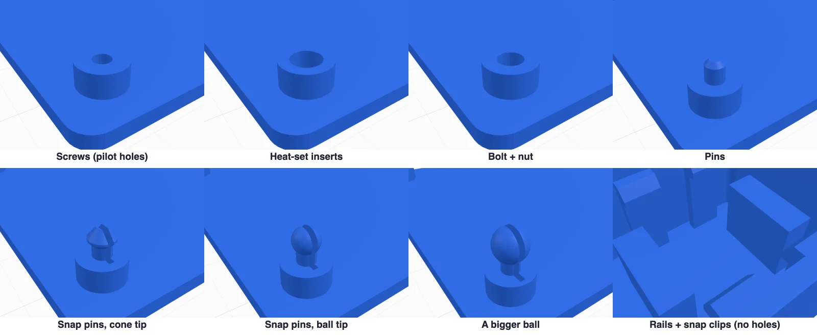 Close-ups of a standoff for each fixing: a pilot hole, an insert hole, a bolt hole, a pin, a split snap pin with a cone, one with a ball, a bigger ball, and rails with snap clips