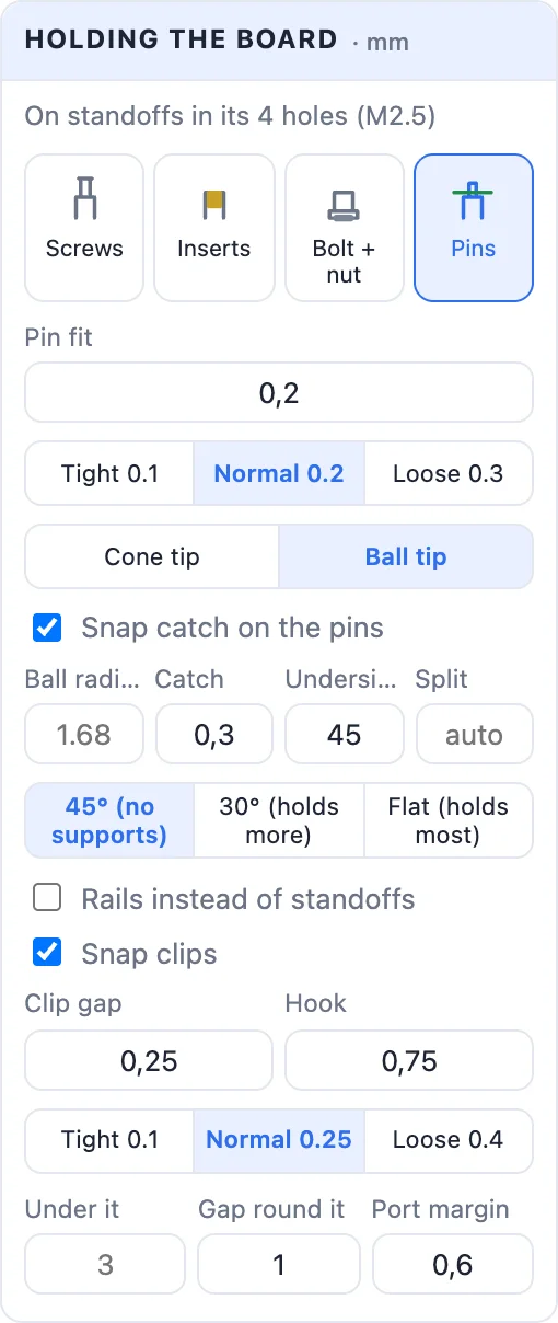 The Holding the board card with pins, a ball tip snap catch and snap clips switched on