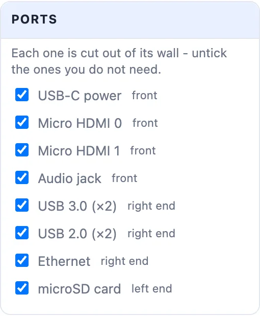 The Ports card: a checkbox for every port with the side it is on