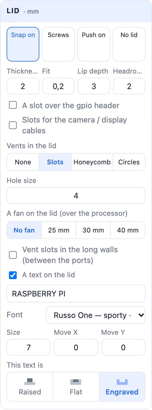 The Lid card: the four lids, sizes, slots, vents, the fan, side vents and the text