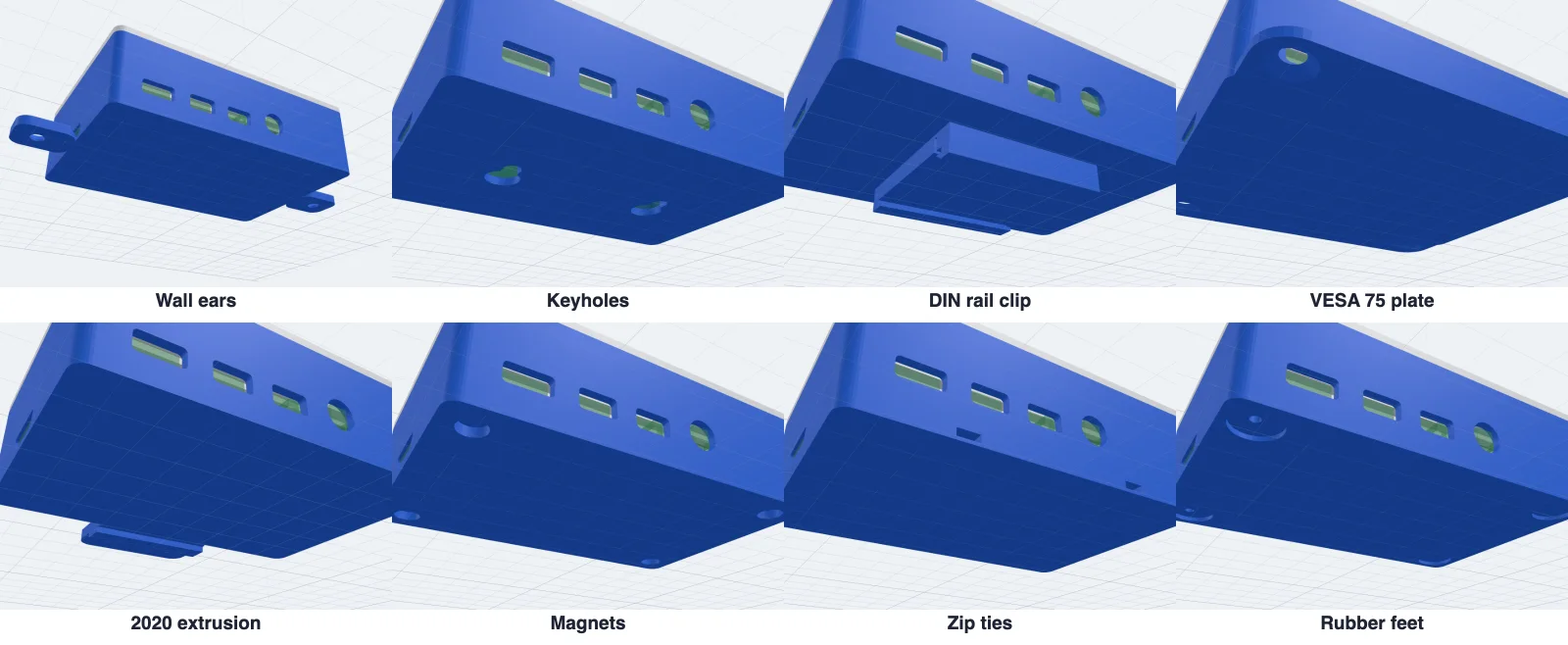 The case seen from below with each mount: wall ears, keyholes, a DIN rail clip, a VESA plate, a 2020 extrusion tab, magnet pockets, zip-tie channels and rubber feet pockets