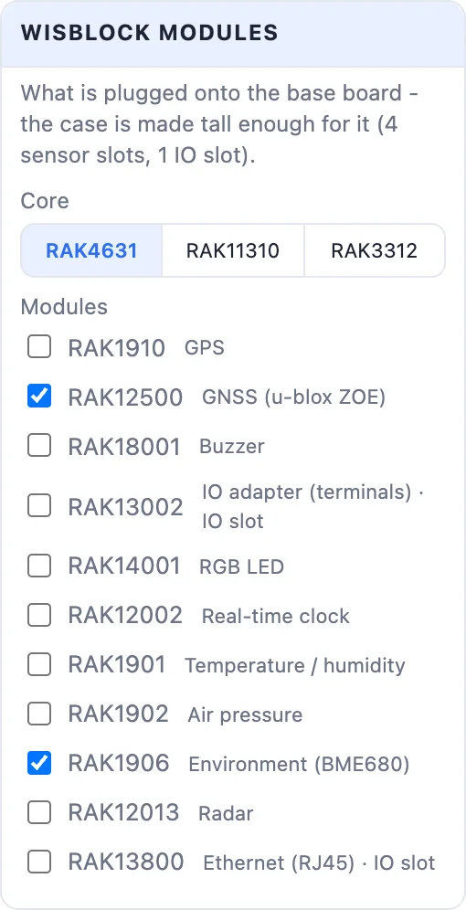 The WisBlock modules card: core buttons and a checkbox for every module