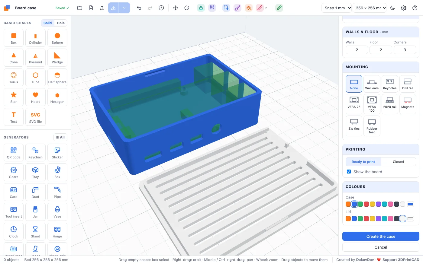 The case and its lid laid out for printing
