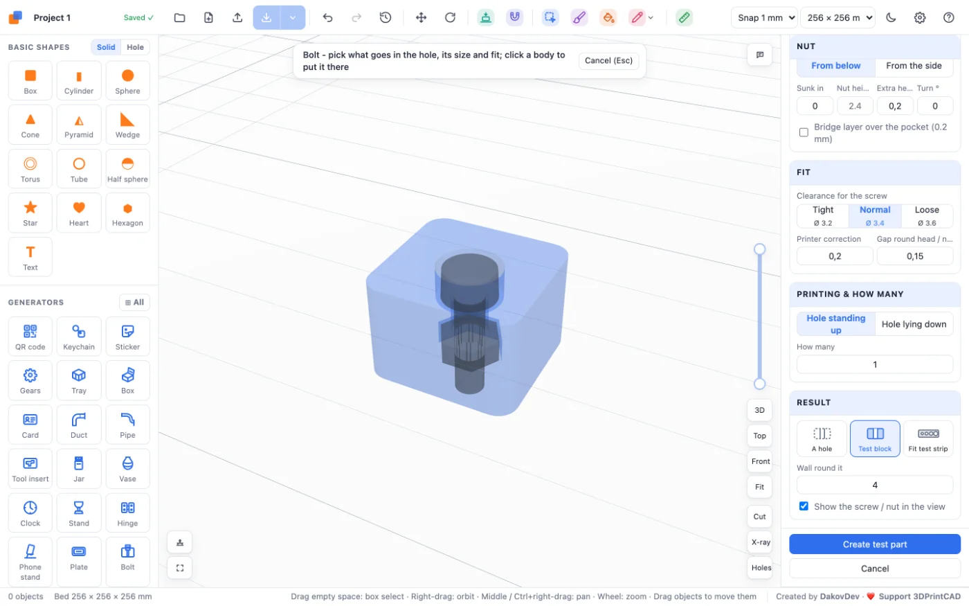 The Bolt generator in 3DPrintCAD: a test block with an M3 bolt and nut hole, the cross-section drawing at the top of the panel