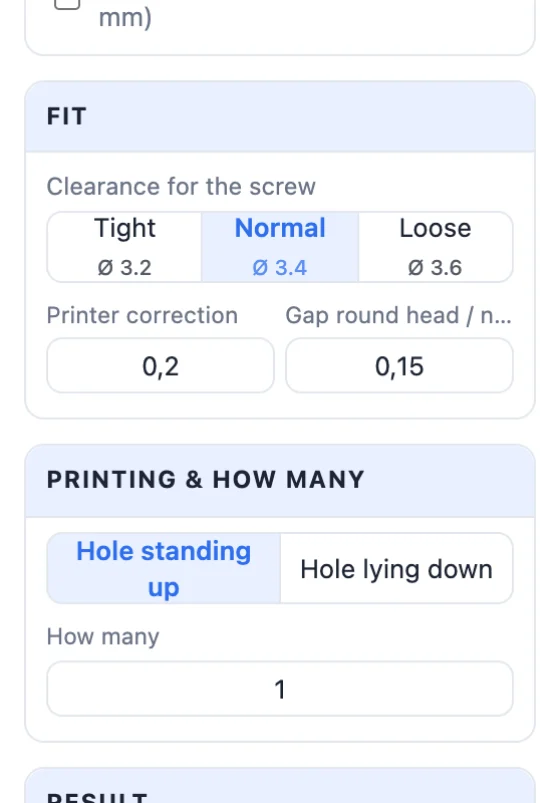 The Fit card: Tight, Normal and Loose with the hole's diameter, the printer correction and the gap round the head and nut