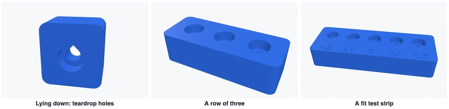 A test block lying down with teardrop holes, a row of three holes, and a fit test strip of five holes