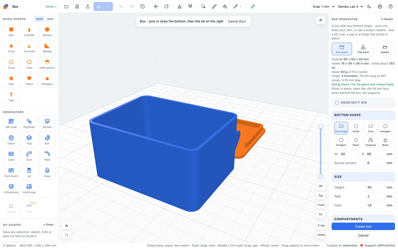 The 3DPrintCAD app with a box with a hinged lid and the box generator panel on the right
