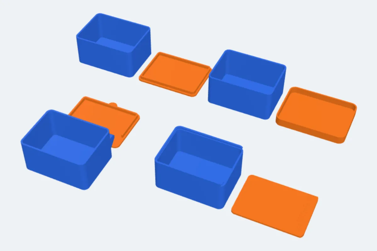 Four boxes ready to print: with a lip lid, a cap, a hinged lid lying open and a slide-in lid