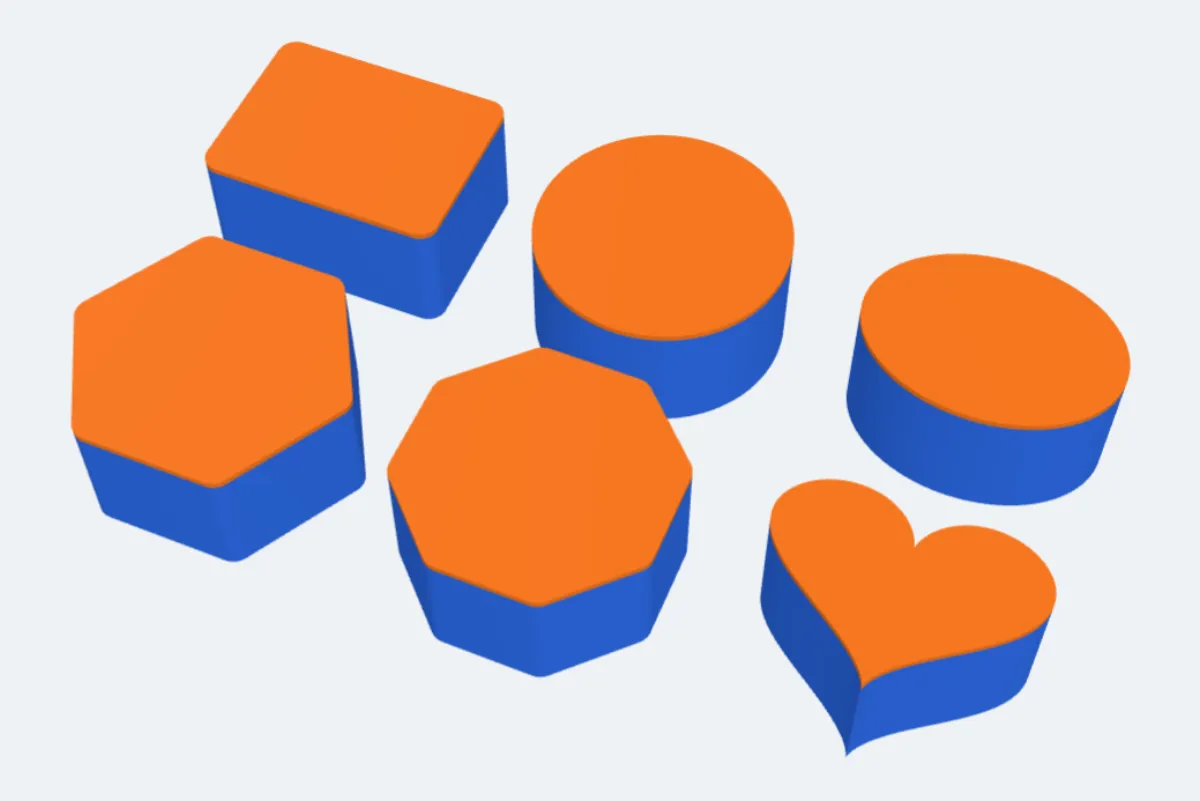 Six boxes with lids: a rectangle, a circle, an oval, a hexagon, an octagon and a heart