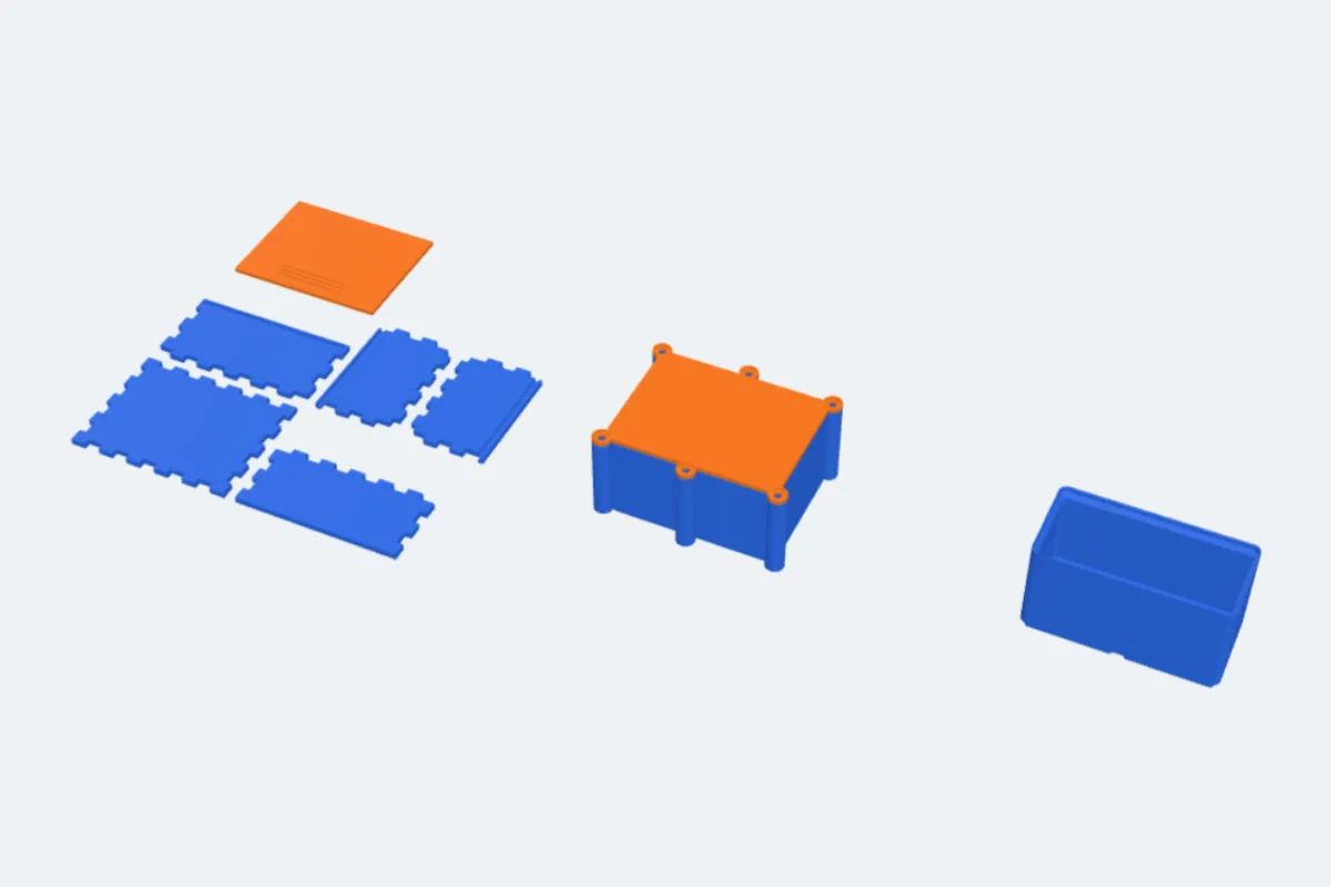A flat-pack box laid out as panels with finger joints, a sealed box with screw lugs, and a Gridfinity bin