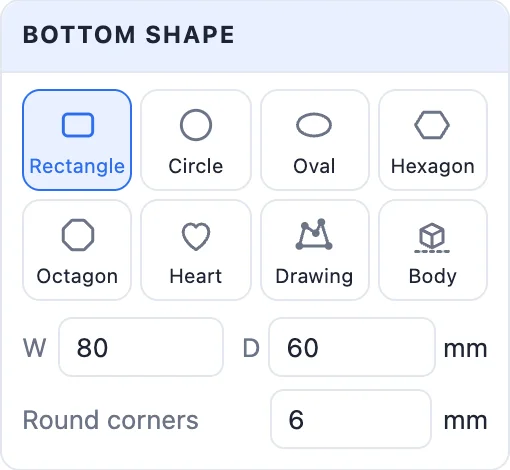 The Bottom shape card: rectangle, circle, oval, hexagon, octagon, heart, drawing and body tiles, width, depth and round corners
