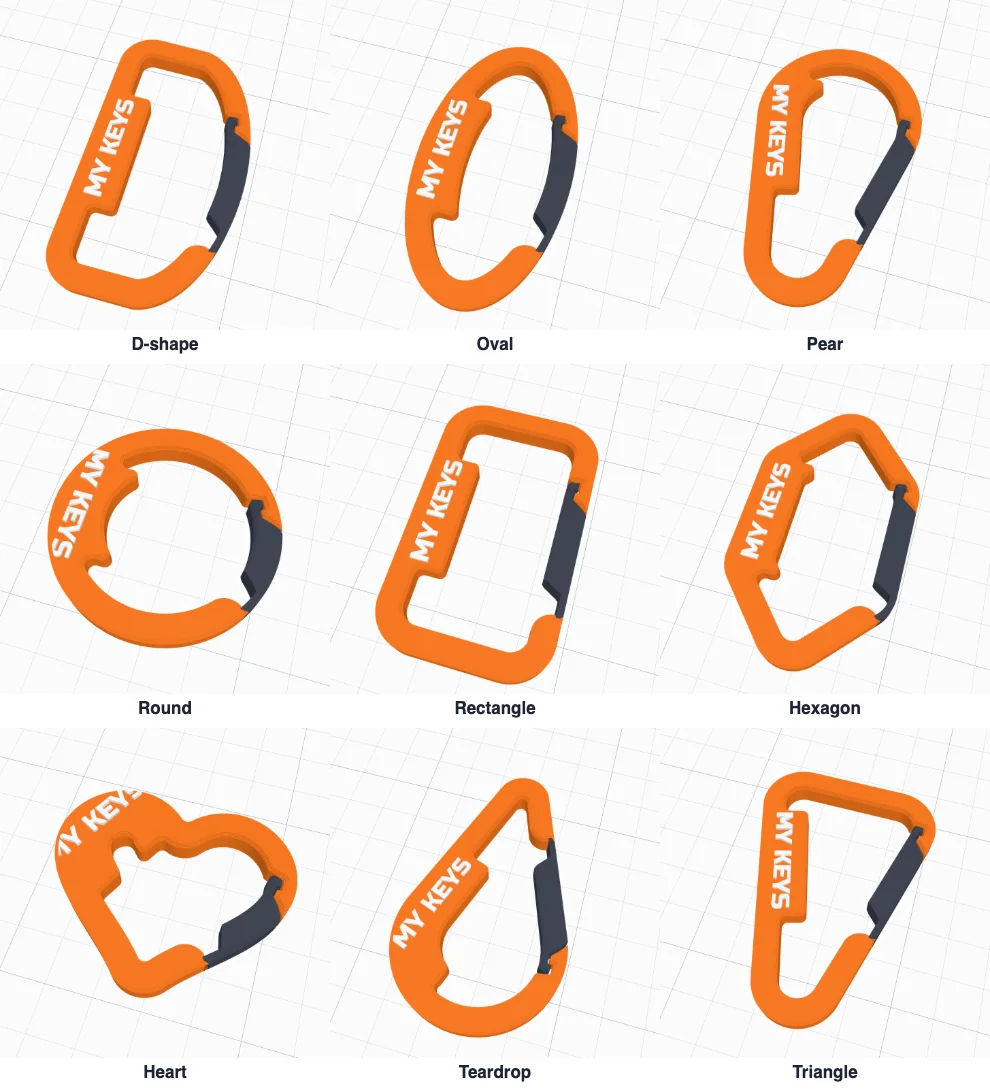 The nine carabiner shapes: D-shape, oval, pear, round, rectangle, hexagon, heart, teardrop and triangle