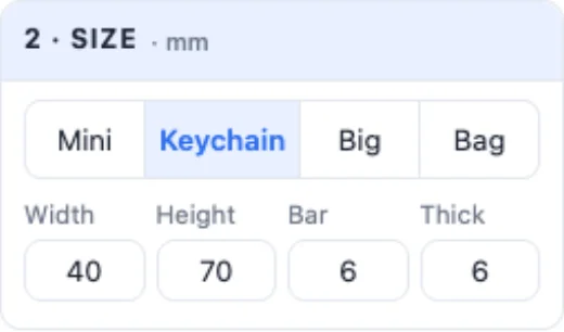 The Size card: Mini, Keychain, Big, Bag, width, height, band and thickness