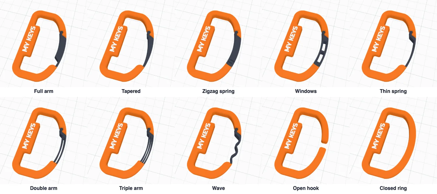 Ten gate styles: full arm, tapered, zigzag spring, windows, thin spring, double arm, triple arm, wave, open hook and closed ring