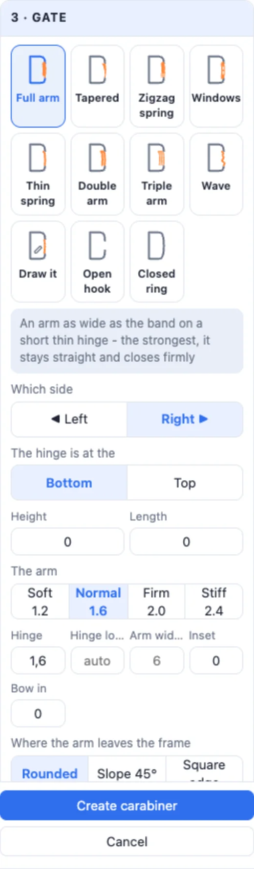 The Gate card: the styles, side, hinge, length, stiffness, the arm's width, inset and bow, where the arm leaves the frame and the arm's look