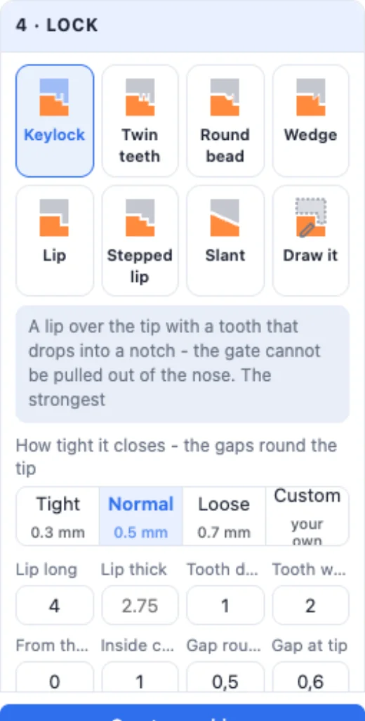 The Lock card: the lock tiles, how tight it closes, the gaps, the lip and the tooth