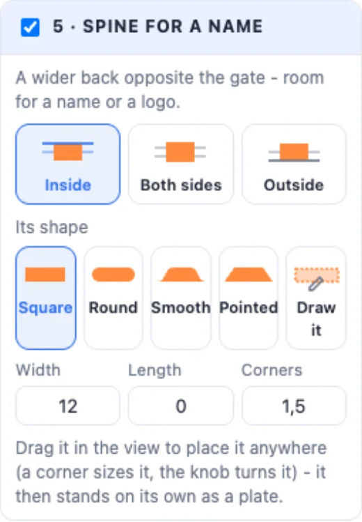The Spine card: inside, both sides, outside, the ends, width, length and corners