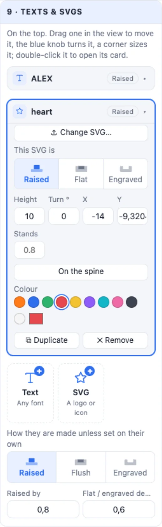 The Texts and SVGs card: each text with its font, raised, flat or engraved, size, turn, curve and colour