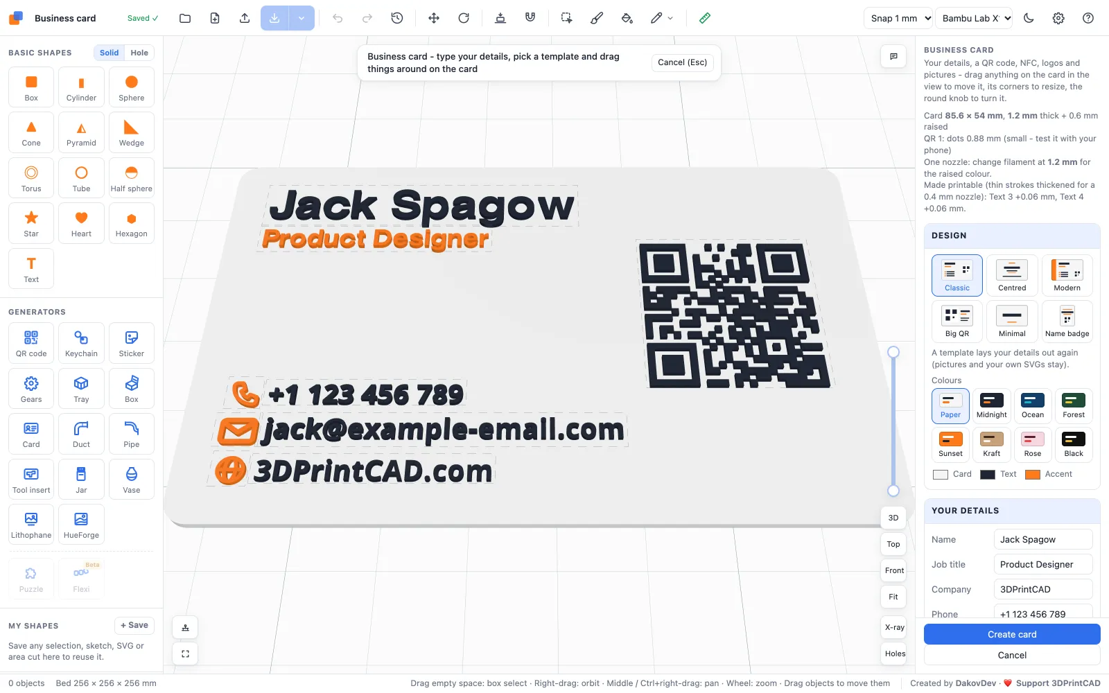 The 3DPrintCAD app with a business card in the middle and the card generator panel on the right