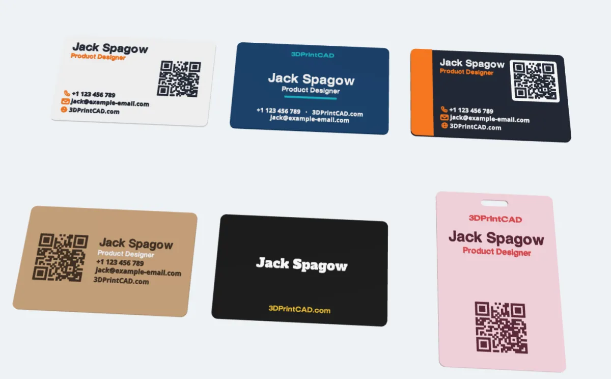 Six 3D printed business cards: Classic, Centred, Modern, Big QR, Minimal and a name badge, each in a different colour theme