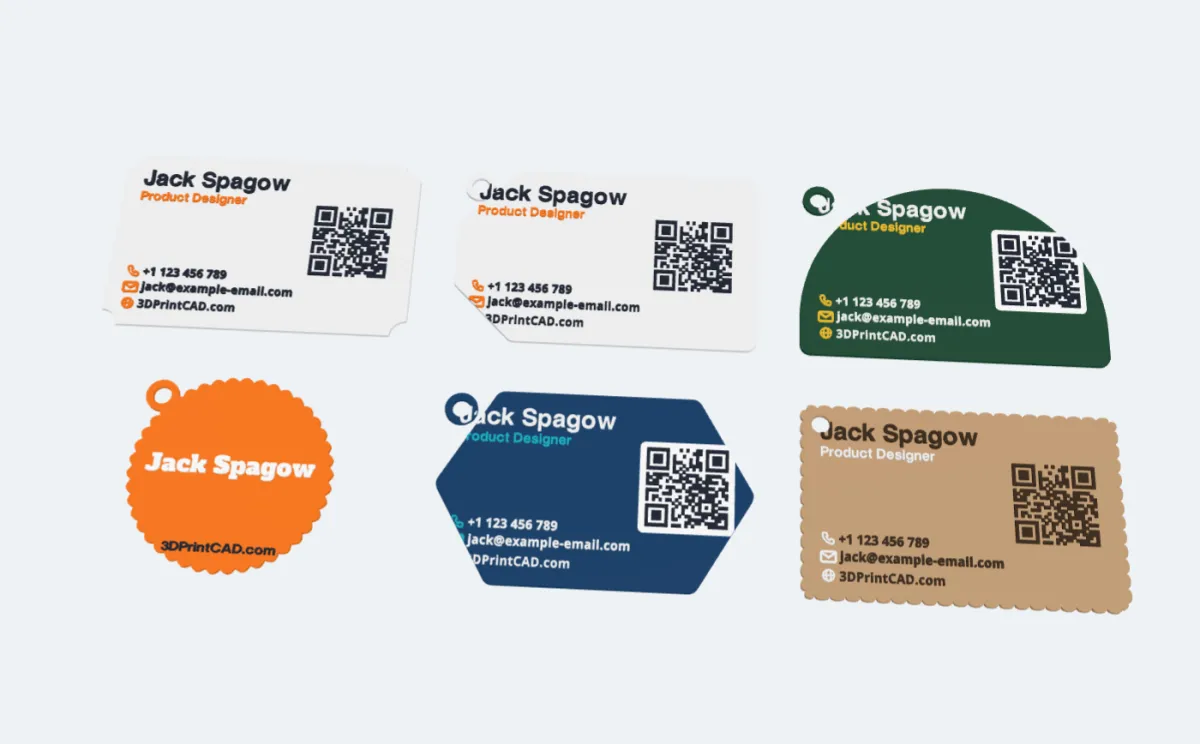 Six card shapes: a ticket, a tag with a hole, an arch, a round card with a scalloped edge, a hexagon and a card with a stamp edge