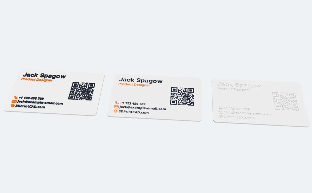 The same white business card three times: raised, flush and engraved