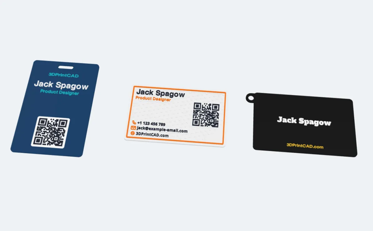 A name badge with a slot, a card with an orange border and a hexagon background pattern, and a black card with a key ring tab
