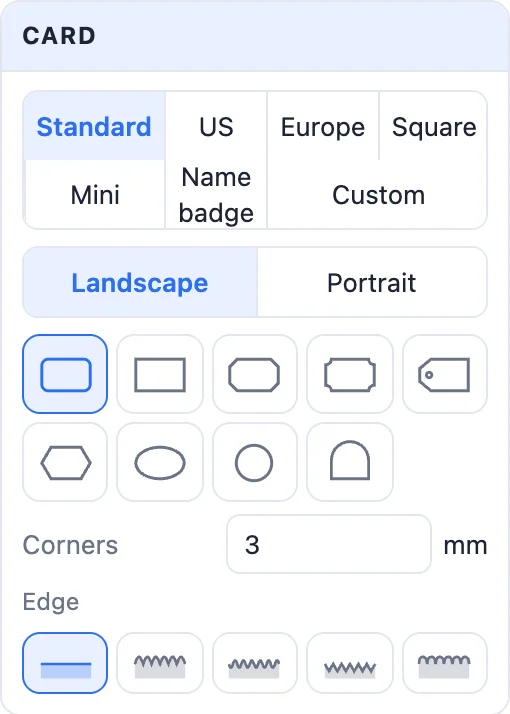 The Card card: seven sizes, landscape or portrait, nine shape tiles, the corner radius and five edge tiles