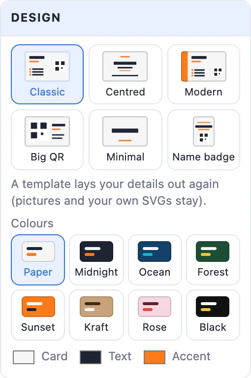 The Design card: six template tiles and eight colour themes, with the card, text and accent colours