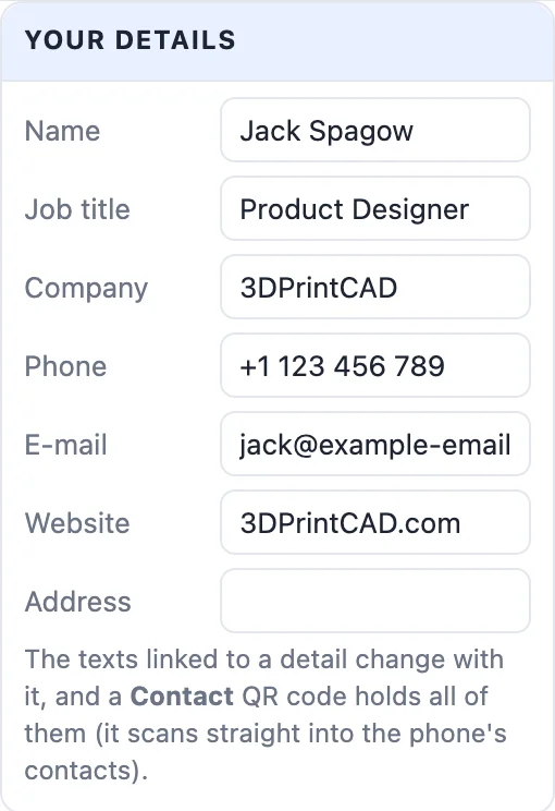 The Your details card: name, job title, company, phone, e-mail, website and address fields