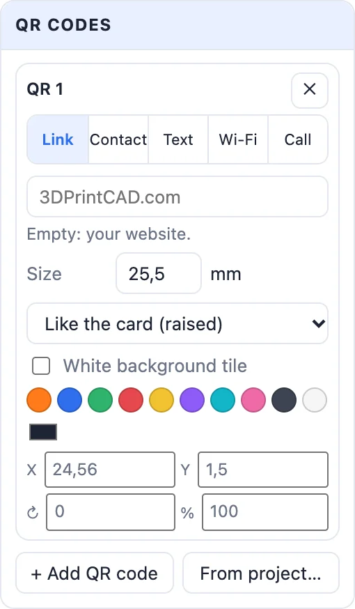 A QR code card: Link, Contact, Text, Wi-Fi and Call, the text, size, style, white background tile, colour and position